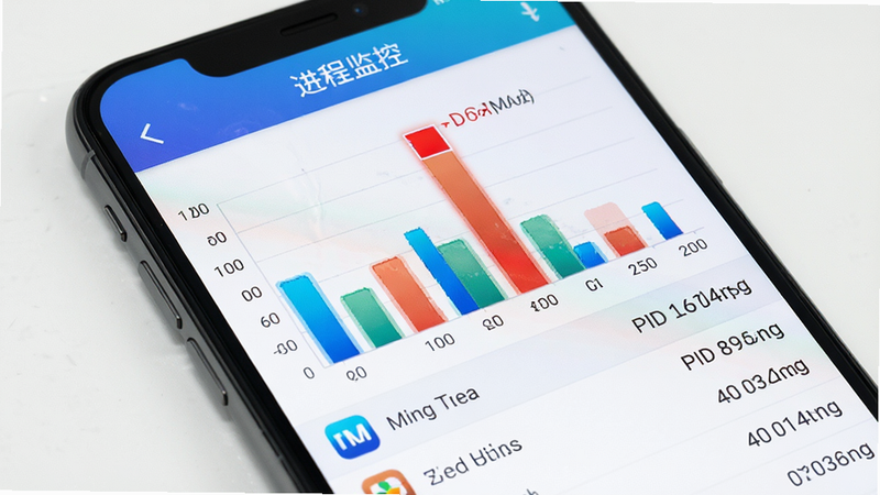 MuLing Tool 进程监控界面特写,手机屏幕显示,顶部为蓝色渐变标题栏“进程监控”,中间区域为动态柱状图,显示不同应用的内存占用比例,红色高亮显示占用最高的进程,下方为列表形式的应用名称与 PID 编号,界面干净,字体清晰,高清画质