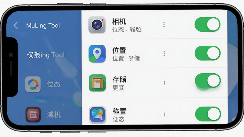 MuLing Tool 权限管理界面,手机屏幕显示,列表形式展示多个应用图标,每个图标右侧对应着权限开关,如“相机”、“位置”、“存储”,开关处于开启或关闭状态,界面左侧有应用名称,右侧有权限状态提示,布局整齐,色彩区分明显,高清渲染
