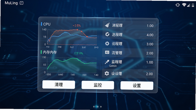 MuLing Tool 软件主界面,安卓手机屏幕显示,深蓝色科技风格背景,中央悬浮半透明控制面板,左侧显示CPU和内存实时曲线图,右侧列出进程管理列表,底部有三个白色功能按钮“清理”、“监控”、“设置”,整体布局简洁现代,高清渲染,无多余元素
