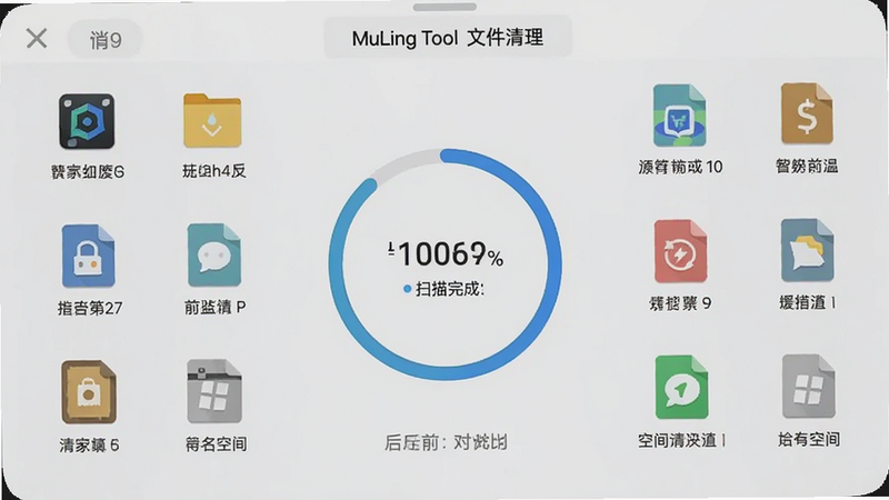 MuLing Tool 文件清理界面,手机屏幕显示,中央有一个圆形进度条显示扫描完成度,周围环绕着被识别的垃圾文件图标,如安装包、缓存文件、日志文件等,背景为浅灰色,突出清理前后的空间对比,视觉中心明确,风格扁平化,高清