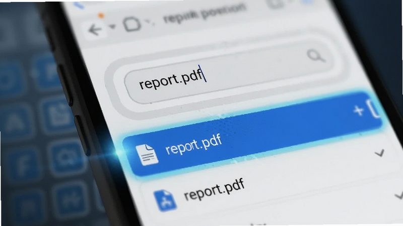 手机界面展示搜索栏,输入框内显示 'report.pdf',下方列表高亮显示该文件,背景模糊处理突出前景,科技感蓝色光效,清晰锐利,无多余装饰,专业软件截图风格
