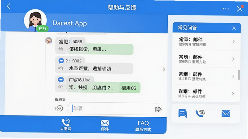 ����Ϊ��������APP�ġ������뷴�������棬չʾ�ͷ����촰�ڡ������ʴ��б�����ϵ��ʽͼ�ꡣ��������������Ϊ�ͷ�ͷ���롰���ߡ�״̬���в�Ϊ������ʷ������򣬵ײ�Ϊ��ݲ˵����绰���ʼ���FAQ�������רҵ�Ѻã���ɫ��Ʒ����Ϊ����ϸ��չʾ���������ֽ���Ԫ�أ����ʸ��壬�������࣬��׼�����ͷ�����ͼ