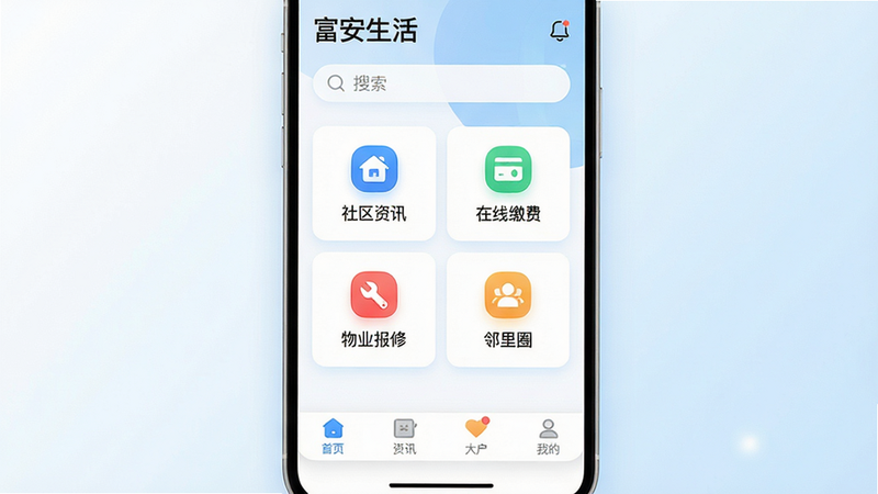 ����Ϊ��������APP�ĸ߱���UI����չʾ�����ñ�ƽ����Ʒ�񣬱���Ϊ��͵İ�ɫ��ǳ��ɫ���䡣����������������ʾӦ�����ơ�������������������в�Ϊ��������Ѷ���������߽ɷѡ�������ҵ���ޡ���������Ȧ���ĸ����Ĺ�����ڣ�ͼ�����ִ����ײ�Ϊ��׼�ĵ��������Ű����룬ɫ��������ܰ��ϸ�ڴ����ֿƼ���������׺��������ʸ��壬�ɾ��޶���Ԫ�أ�4k�ֱ��ʣ�רҵ����Ԥ��ͼ