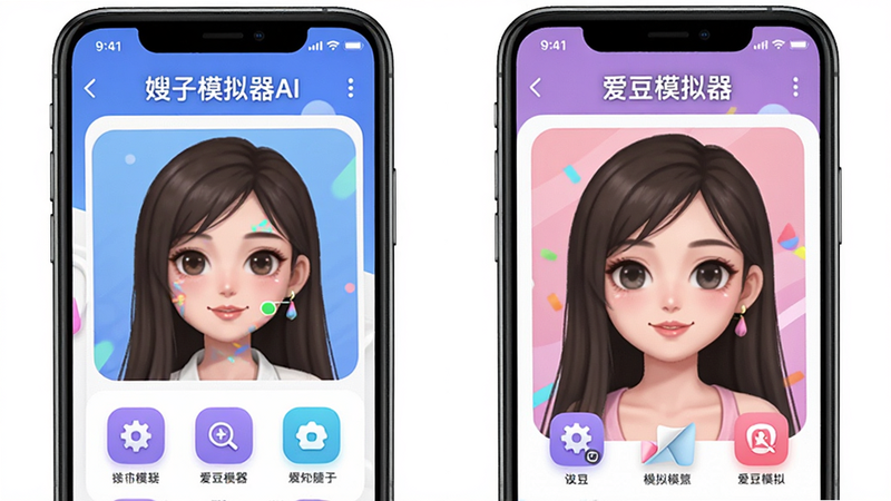Boogu-Image: 主体为两个手机并排展示,左边显示“嫂子模拟器AI”界面,右边显示“爱豆模拟器”界面,布局对比鲜明,排版整齐,风格直观,细节处有功能图标差异,画质清晰,干净,无多余元素