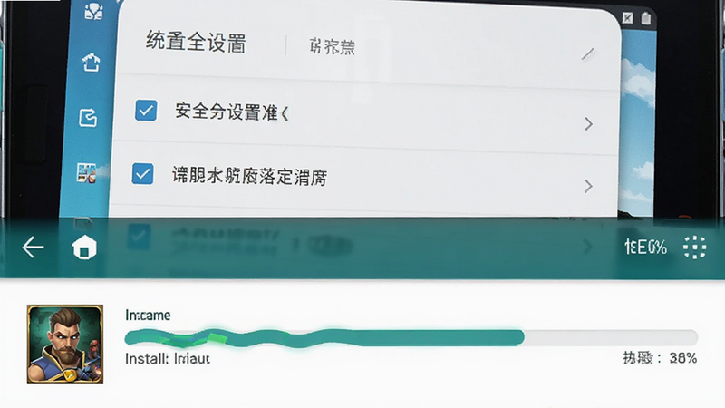 主体为手机设置界面与游戏安装界面的组合示意图,布局为上下分割,上方显示安卓系统安全设置选项,下方显示游戏安装进度条,排版清晰有序,风格为系统UI写实风格,细节处包含勾选标记与进度百分比,画质清晰,界面元素标准化,无多余装饰