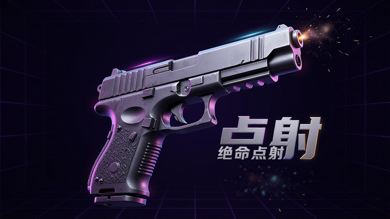 主体为一款名为“绝命点射”的手机射击游戏高清宣传海报,布局采用居中构图,中心展示一把极具金属质感的战术手枪,枪口指向右上方,背景为深邃的暗紫色科技网格空间,排版简洁大气,风格为现代写实3D渲染,细节处包含微弱的霓虹光效与粒子爆炸效果,画质8k超清,干净无多余水印元素