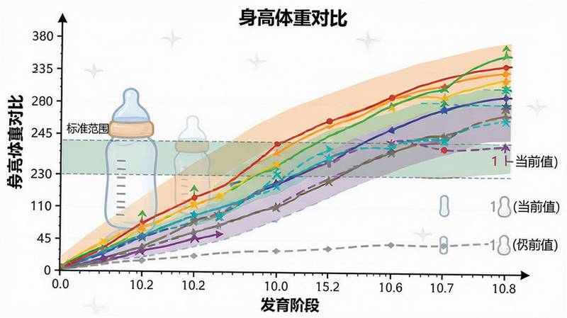 主体为生长曲线图表,布局包含坐标轴与多条彩色曲线,排版清晰易读,风格科学严谨,细节标注了“标准范围”和“当前值”,文字显示“身高体重对比”和“发育阶段”,画质清晰,色彩区分明显,无多余背景杂色,突出“奶瓶”应用的专业监测能力