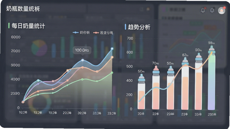 主体为数据可视化界面,布局呈现折线图与柱状图结合,排版紧凑有序,风格清新简约,细节展示时间轴与数值标签,文字显示“每日奶量统计”和“趋势分析”,画质细腻,色彩柔和,无多余干扰元素,直观展示“奶瓶”应用的数据记录功能