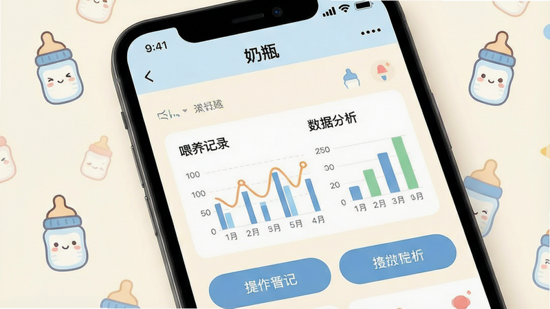 主体为手机屏幕特写,显示名为“奶瓶”的应用界面,布局清晰分为顶部状态栏、中部数据图表区和底部操作按钮区,排版采用扁平化设计风格,背景为柔和的米白色,细节处有可爱的卡通奶瓶图标点缀,文字清晰显示“喂养记录”和“数据分析”,画质高清,色彩干净,无多余装饰元素,整体呈现专业且温馨的育儿工具预览图