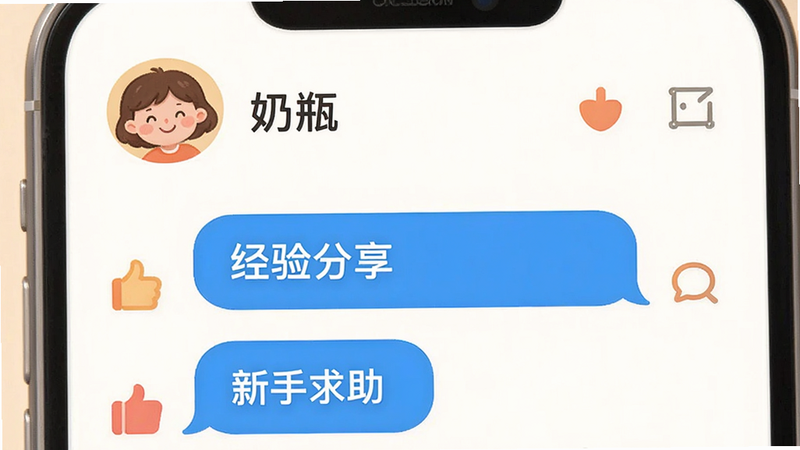 主体为社区交流界面,布局包含头像、昵称与对话气泡,排版类似即时通讯软件,风格亲切友好,细节展示点赞与回复图标,文字显示“经验分享”和“新手求助”,画质干净,色彩温馨,无多余UI元素,体现“奶瓶”应用的社交互动功能