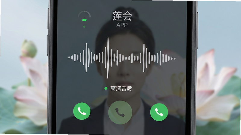 主体为莲会APP语音通话界面特写,布局居中,展示声波波形动画,排版对称,风格为扁平化设计,细节包含绿色通话状态指示、背景虚化处理,画质高清,干净,无多余元素,文字标注“高清音质”