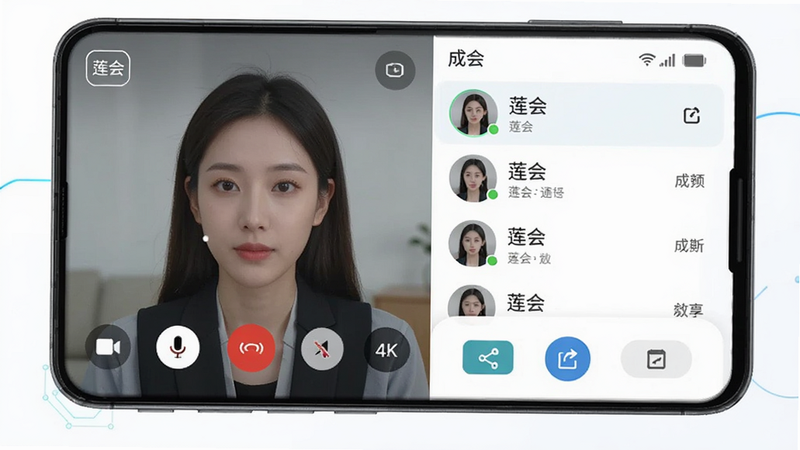 主体为莲会APP安卓手机端界面展示图,布局清晰,左侧显示视频通话窗口,右侧为成员列表和控制栏,排版整洁,风格为现代简约科技风,细节包含高清摄像头图标、麦克风静音按钮及屏幕共享选项,画质4k,干净,无多余元素,文字标注“莲会”