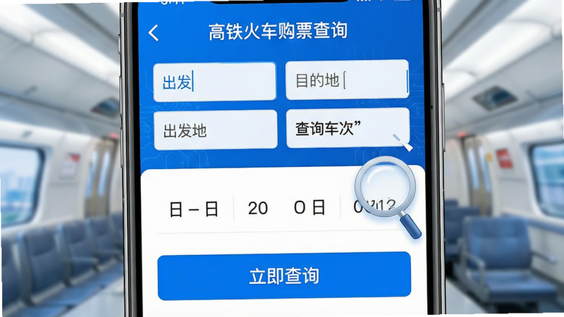 主体为手机屏幕,显示“高铁火车购票查询”APP的搜索界面,布局为上下结构,上方是出发地和目的地输入框,中间是日期选择器,下方是“立即查询”按钮。排版紧凑合理,风格科技感蓝白配色,细节处有放大镜图标,画质清晰,干净,无多余元素,文字“查询车次”加引号显示