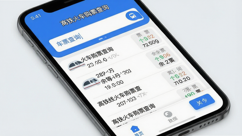 主体为手机屏幕界面,展示“高铁火车购票查询”APP首页,布局清晰,上方为醒目的“车票查询”输入框,中间列表展示多趟高铁车次及余票数量,底部为导航栏。排版简洁现代,风格扁平化,细节处有蓝色主色调按钮,画质高清,干净,无多余元素,文字“高铁火车购票查询”清晰可见