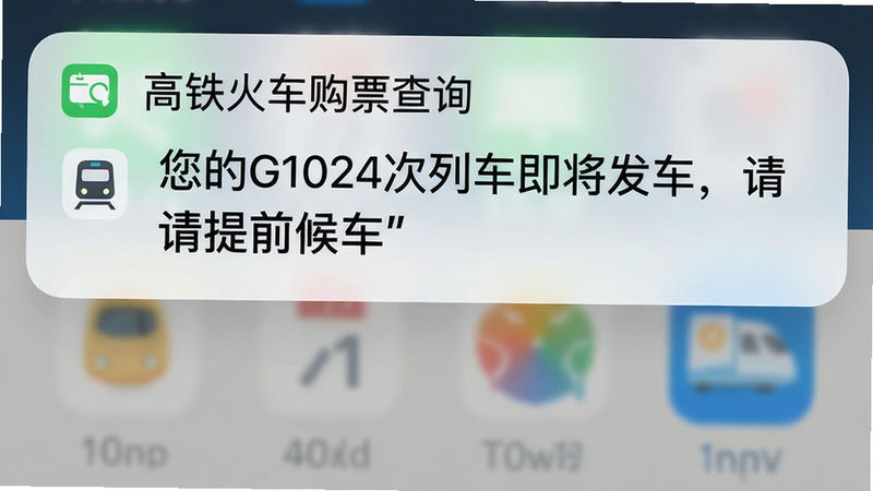 主体为手机通知栏界面,显示“高铁火车购票查询”APP的推送消息,布局为顶部通知横幅,内容为“您的G1024次列车即将发车,请提前候车”。排版简洁,风格系统原生通知样式,细节处有列车小图标,画质真实,干净,无多余元素,文字“发车提醒”加引号显示