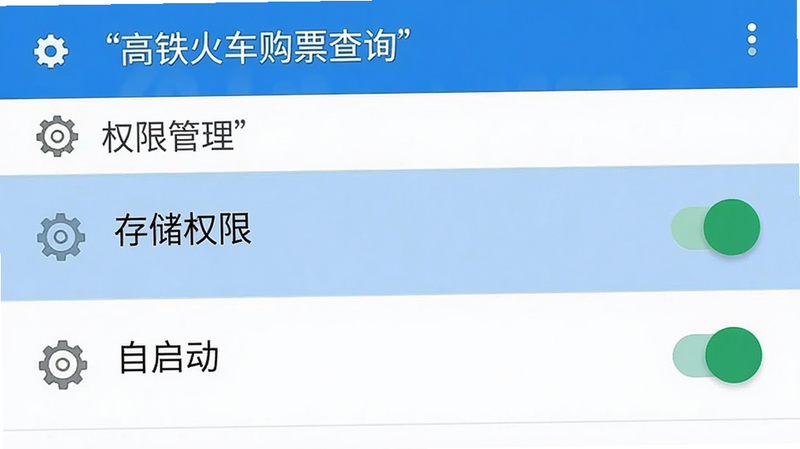 主体为手机设置界面,显示“高铁火车购票查询”APP的权限设置页,布局为列表形式,高亮显示“存储权限”和“自启动”选项,右侧开关为开启状态。排版标准安卓系统风格,细节处有齿轮图标,画质清晰,干净,无多余元素,文字“权限管理”加引号显示