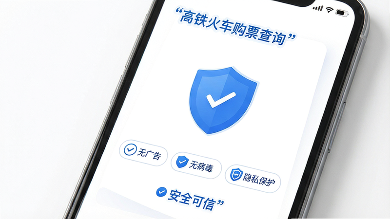 主体为手机屏幕,显示“高铁火车购票查询”APP的安全认证标识界面,布局为中心对称,中间为盾牌图标,下方列出“无广告”、“无病毒”、“隐私保护”三个标签。排版简洁大气,风格白色背景蓝色文字,细节处有对勾符号,画质高清,干净,无多余元素,文字“安全可信”加引号显示