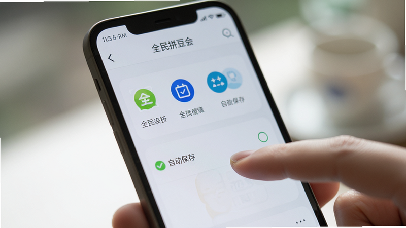 主体为手机屏幕特写,显示“全民拼豆会”的设置界面,手指正在点击“自动保存”选项。背景虚化,突出屏幕内容。界面风格简洁,图标清晰。光线柔和,模拟真实手持场景,高清细节,无多余元素。