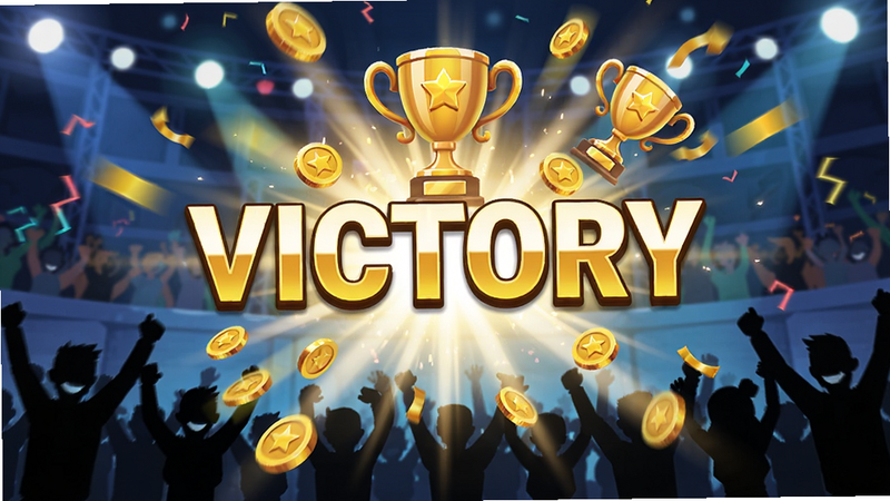 ��Ϸ����̨ģʽʤ�����棬������ʾ��VICTORY����������Χ�����Ž�Һͽ�����Ч������Ϊ��������Ⱥ��Ӱ������ϲ�죬ͻ��ͨ�صĳɾ͸У�������Ⱦ