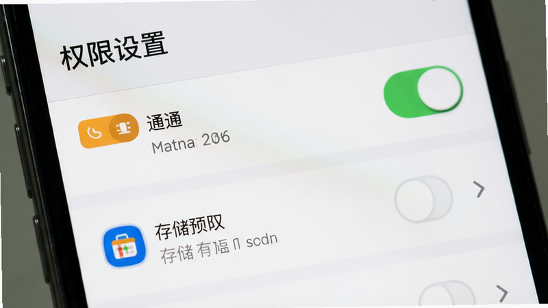 主体为手机设置界面,布局显示权限管理列表,排版清晰,风格系统原生,细节包含通知权限开关与存储权限图标,画质清晰,干净,文字包含