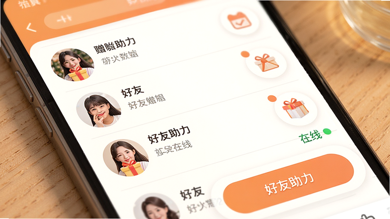 主体为应用社交界面,布局显示好友列表与互动按钮,排版列表式,风格温馨友好,细节包含赠送礼盒图标与在线状态点,画质高清,干净,文字包含