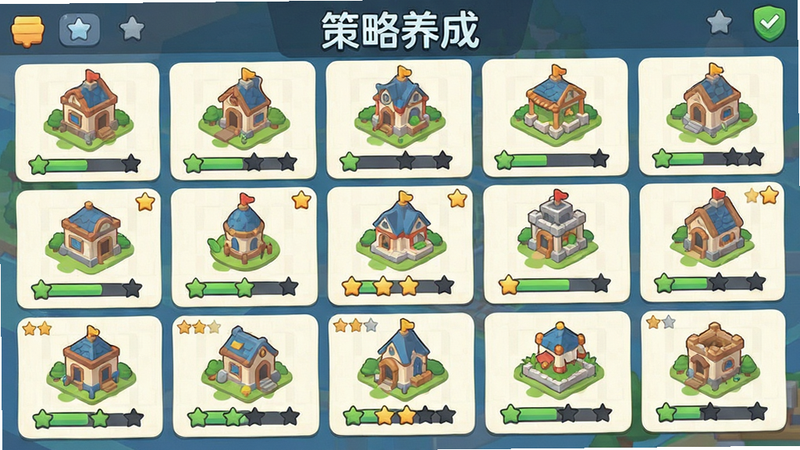 主体为游戏内地图界面,布局展示多个可升级建筑,排版网格化,风格卡通扁平,细节包含升级进度条与星级标识,画质细腻,干净,文字包含