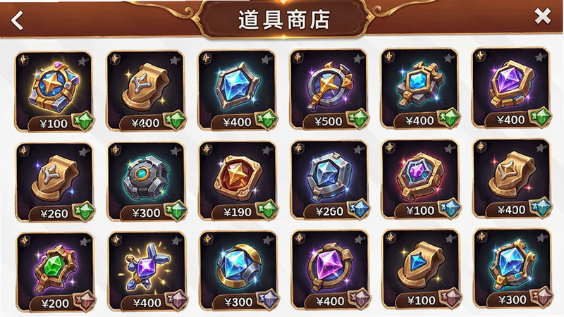 主体为应用内商店界面,布局展示多种道具图标,排版网格状,风格华丽,细节包含价格标签与稀有度光效,画质高清,干净,文字包含
