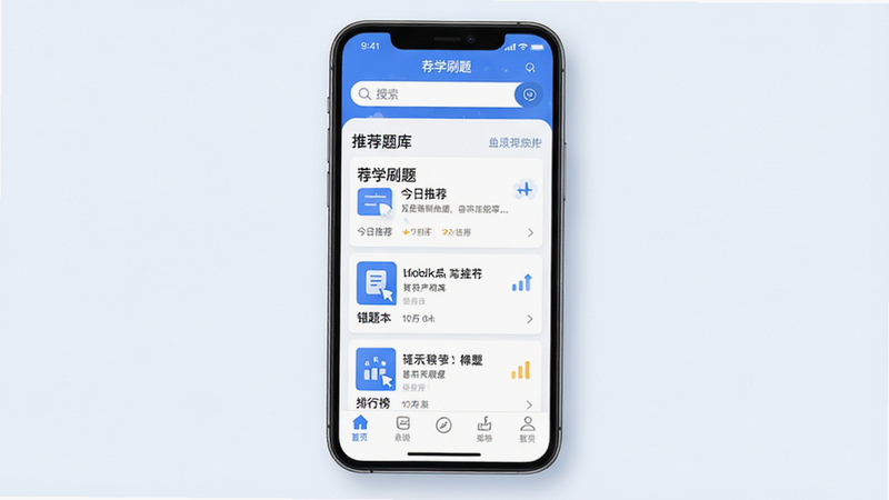 ����Ϊ�ֻ���Ļչʾ��ѧˢ��APP��ҳ���棬����������࣬������ʾ���������в�Ϊ�Ƽ�����б����ײ�Ϊ���������Ű����룬���Ϊ��ƽ����ƣ�ϸ�ڴ��������Ӱ�����ʸ��壬�ɾ��޶���Ԫ�أ����ְ���