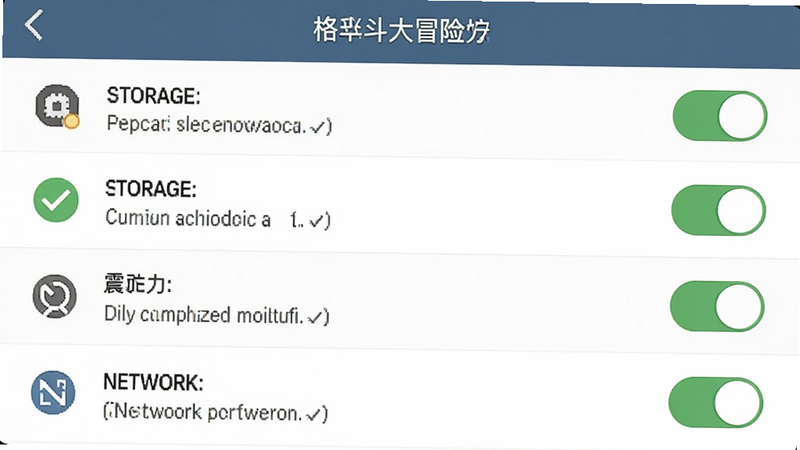 主体为手机屏幕截图,显示格斗大冒险的权限设置界面,勾选了存储、震动和网络权限,布局清晰,左侧为权限列表,右侧为开关状态,风格为扁平化UI设计,细节处有对勾标记,画质清晰,干净无多余弹窗