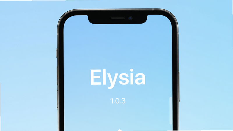 �ֻ���Ļ����չʾ Elysia Ӧ���������棬����Ϊ����ɫ���䣬�м��ǰ�ɫ�� Elysia Logo���·���ʾ�汾�� 1.0.3�����漫���޶���Ԫ�أ��߷ֱ��ʣ������������ɾ�����
