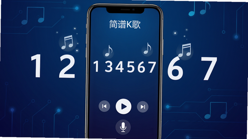 主体为一款名为“简谱K歌”的安卓手机应用界面,布局采用竖屏手机模型,背景为深蓝色科技感渐变,屏幕中央显示清晰的白色数字简谱(1234567),下方有播放控制按钮和麦克风图标,排版整洁现代,风格扁平化,细节包含音符浮动特效,画质高清,干净,无多余元素