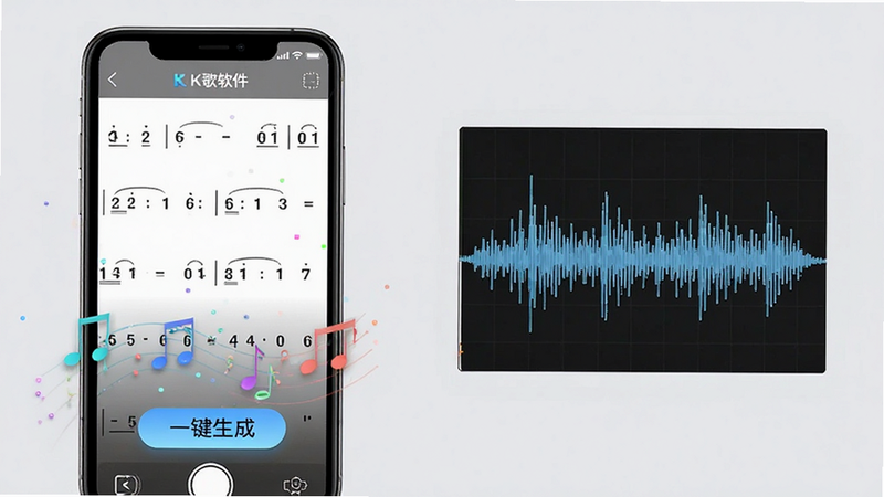 主体为简谱K歌软件的功能演示图,布局左侧为手机屏幕显示简谱生成过程,右侧为音频波形图,背景为浅灰色,排版左右分栏,风格简约商务,细节包含“一键生成”高亮按钮和音符粒子效果,画质清晰,干净,无多余元素