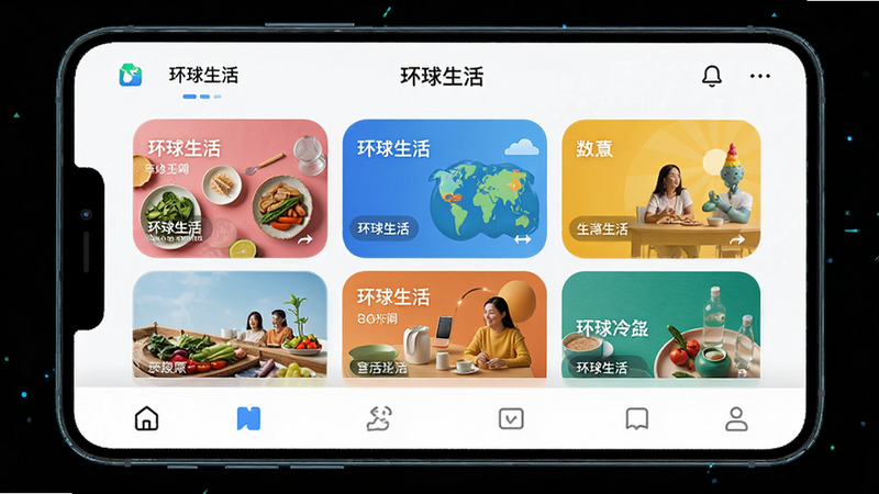 主体为一款名为“环球生活”的手机App界面展示,布局采用现代化扁平化设计,顶部有清晰的导航栏,中间区域展示着色彩鲜明的生活资讯卡片,底部是简洁的功能图标栏,整体风格清新简约,细节处体现科技感与亲和力,画质高清8k,干净无多余元素,文字内容包含“环球生活”