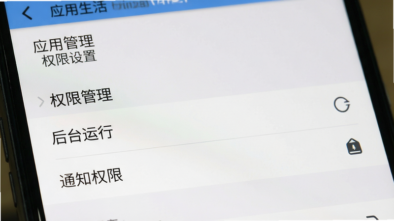 主体为手机设置界面截图,布局聚焦于“应用管理”与“权限设置”部分,风格系统原生UI,细节处高亮显示“后台运行”与“通知权限”选项,画质清晰,干净无其他干扰元素,文字内容包含“环球生活”及“权限管理”