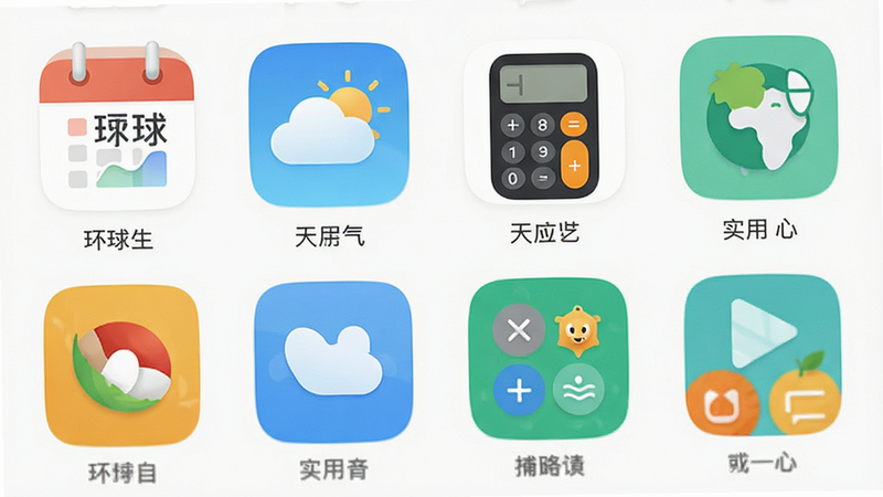 主体为“环球生活”App的工具中心界面,布局采用网格状图标排列,每个图标代表一个不同的小工具如日历、天气、计算器等,风格简洁明快,细节处体现图标的高辨识度,画质细腻,干净无多余装饰,文字内容包含“环球生活”及“实用工具”