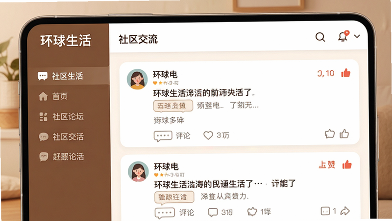 主体展示“环球生活”App的社区论坛页面,布局为左侧导航栏加右侧内容流,内容包含用户头像、昵称及帖子标题,风格温馨亲切,细节处显示评论气泡与点赞数,画质柔和,干净无广告干扰,文字内容包含“环球生活”及“社区交流”