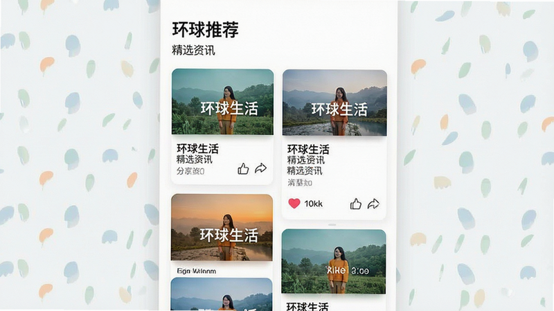主体展示“环球生活”App内的资讯推荐页面,布局为瀑布流式卡片设计,每张卡片包含缩略图与标题,色彩搭配和谐,排版整齐有序,风格现代简约,细节处显示点赞与分享图标,画质清晰锐利,干净无杂乱背景,文字内容包含“环球生活”及“精选资讯”