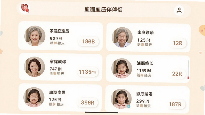 �û������������棬����Ϊ��Ѫ��Ѫѹ���¡�APP�Ķ��û��л�ҳ�棬���ֲ����б���ʽ����ʾ��ͬ��ͥ��Ա��ͷ�����������ݣ��Ű����룬�����ܰ��ͥ�磬ϸ��չʾͷ��ͼ�������ݱ�ǩ�������������ɾ����޶���Ԫ�أ�����Ϊ�����ɫ��