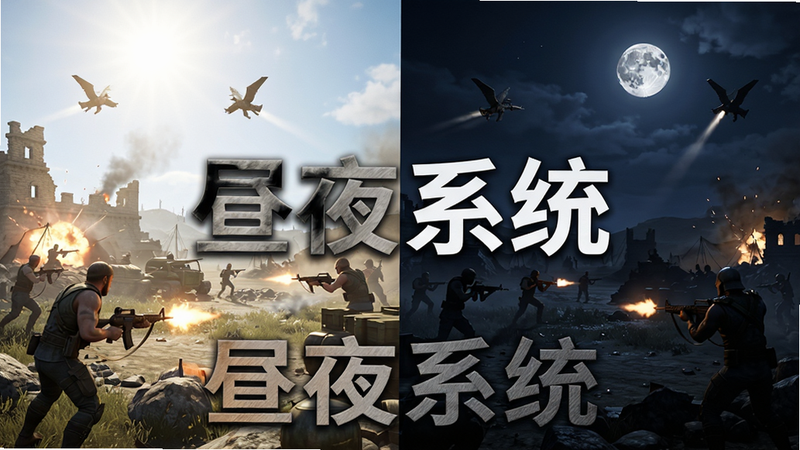 主体为昼夜交替场景对比,左侧为白昼明亮的战场,右侧为夜晚幽暗的战场,布局左右分割,排版清晰,风格为写实游戏画面,细节展示光影变化,画质高清,干净,无多余元素,文字显示为‘昼夜系统’