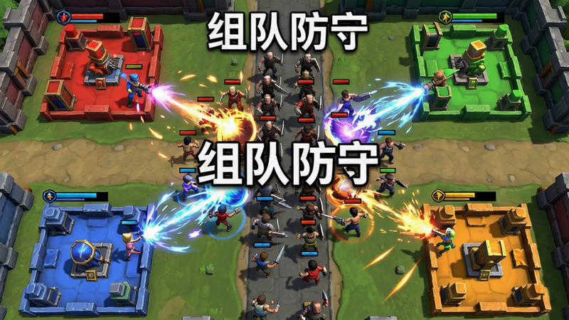 主体为多人合作战斗场景,布局为俯视视角,四个不同颜色的玩家基地分布在地图四周,中间是共同面对的敌军洪流,排版紧凑,风格为动态游戏截图,细节展示技能特效,画质高清,干净,无多余元素,文字显示为‘组队防守’