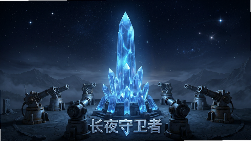 主体为‘长夜守卫者’游戏主界面全景,布局采用中心对称式构图,中央是一座散发着幽蓝光芒的巨型水晶塔,周围环绕着不同形态的防御炮塔,背景是深邃的星空与朦胧的远山,排版整洁有序,风格为高清写实渲染,细节丰富,画质4K,干净无多余元素,文字显示为‘长夜守卫者’