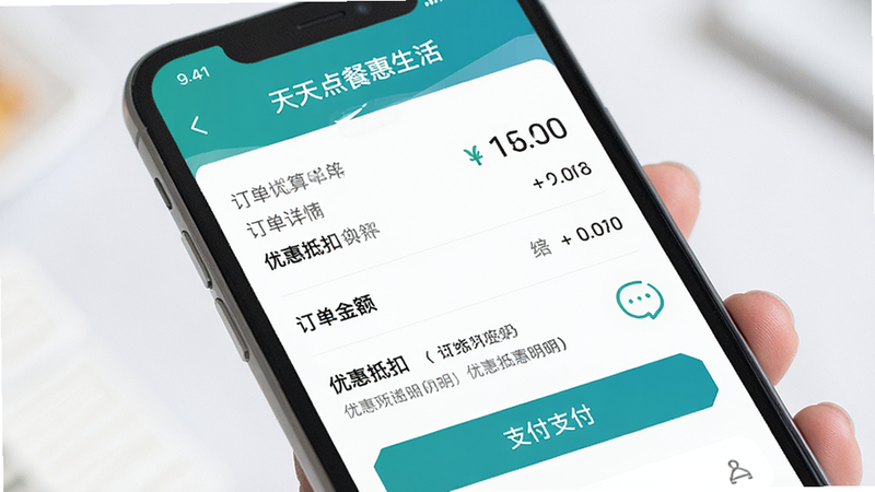 手机界面展示“天天点餐惠生活”的下单结算页面,主体为订单详情与支付按钮,布局简洁明了,风格专业商务,细节处显示订单金额、优惠抵扣明细,画质清晰,干净,文字易读