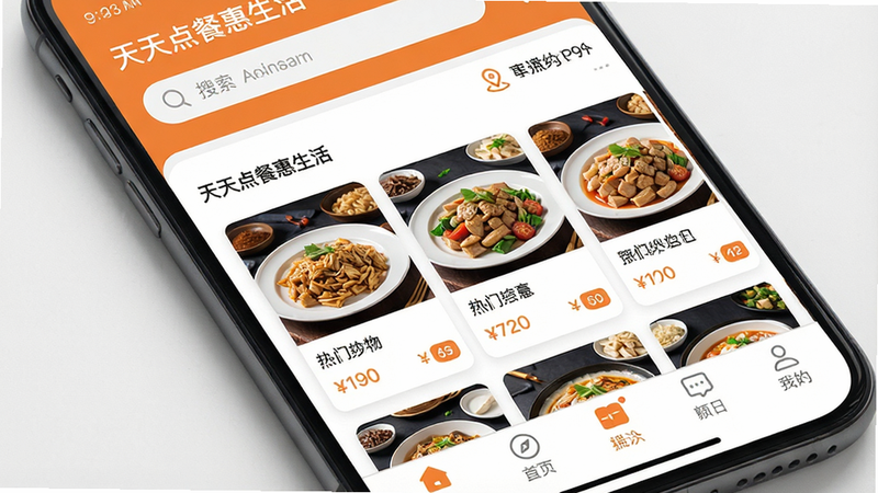 一张高清手机屏幕特写,主体为“天天点餐惠生活”APP首页界面,布局整洁,顶部显示搜索栏和定位信息,中部以卡片形式展示多家热门餐厅的精美菜品图片及价格标签,底部为导航栏,风格清新简约,色彩以暖橙色和白色为主,细节清晰,画质高清,干净无多余元素,文字清晰可见