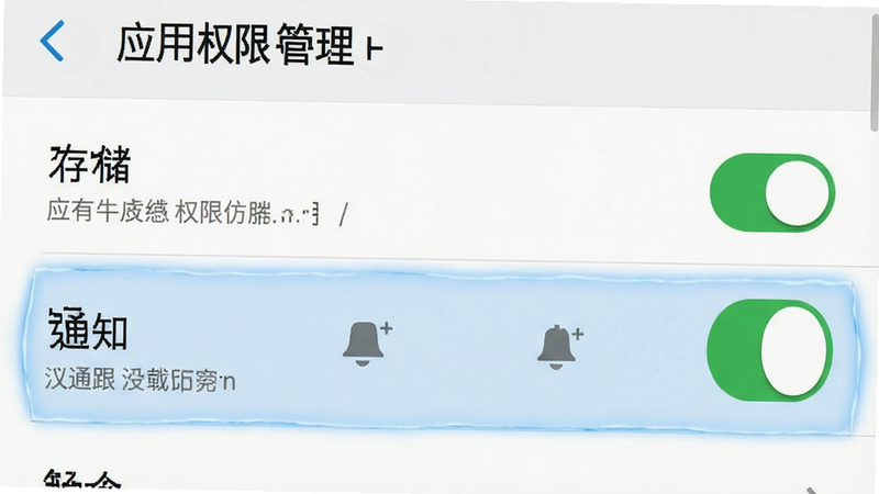 手机系统设置界面截图,主体为“应用权限管理”页面,布局列表式,风格系统原生UI,细节处高亮显示“存储”、“通知”权限开关,画质清晰,干净,文字准确