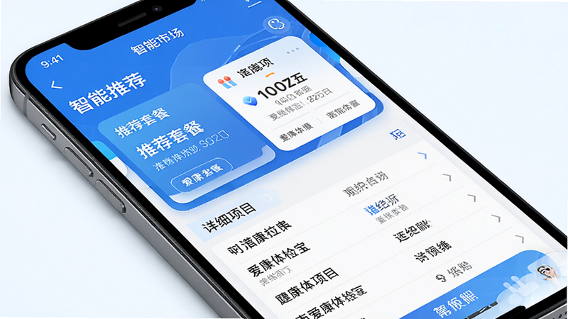 手机屏幕特写,显示爱康体检宝APP内的“智能推荐”页面,上方为推荐套餐卡片,下方为详细项目列表,布局层级分明,排版紧凑有序,风格科技感蓝白配色,细节丰富,画质清晰,干净,无多余元素