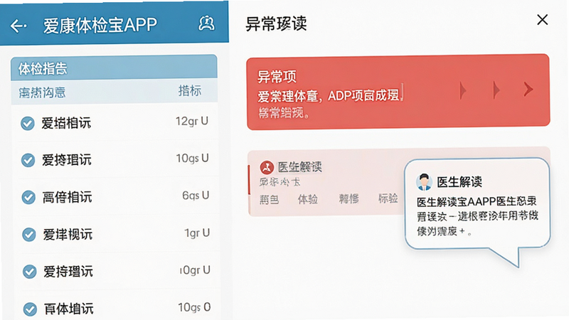 爱康体检宝APP报告详情页界面,左侧为体检指标列表,右侧为异常项红色高亮提示及医生解读气泡,布局左右分栏,排版清晰易读,风格医疗专业风,细节精准,画质高清,干净,无多余元素