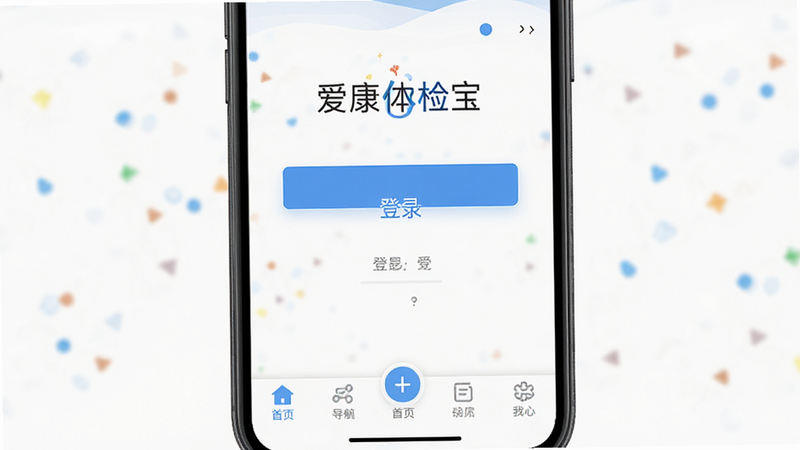 爱康体检宝APP登录界面与首页导航栏特写,展示“登录”按钮及底部导航菜单,布局居中对称,排版简洁,风格扁平化设计,细节清晰,画质高清,干净,无多余元素