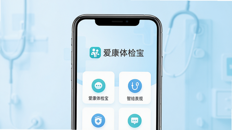 主体为爱康体检宝APP的手机界面展示,背景为干净的浅蓝色医疗风格渐变,屏幕中央显示“爱康体检宝”Logo及核心功能入口图标,布局清晰,排版整齐,风格现代简约,细节清晰,画质高清,干净,无多余元素
