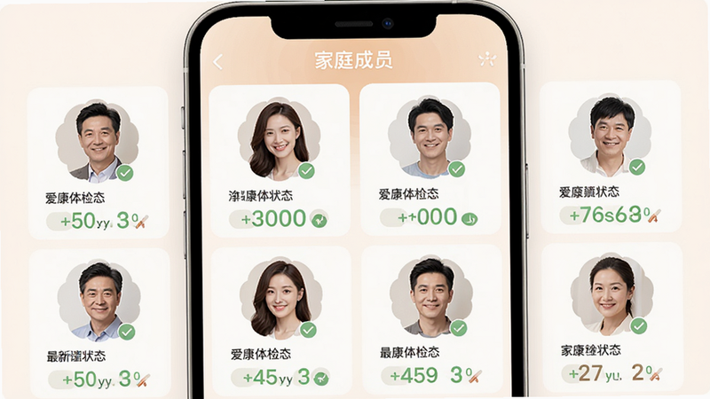 爱康体检宝APP“家庭成员”管理界面,显示多个成员头像及最新体检状态,布局网格状,排版对称美观,风格温馨家庭风,细节柔和,画质清晰,干净,无多余元素