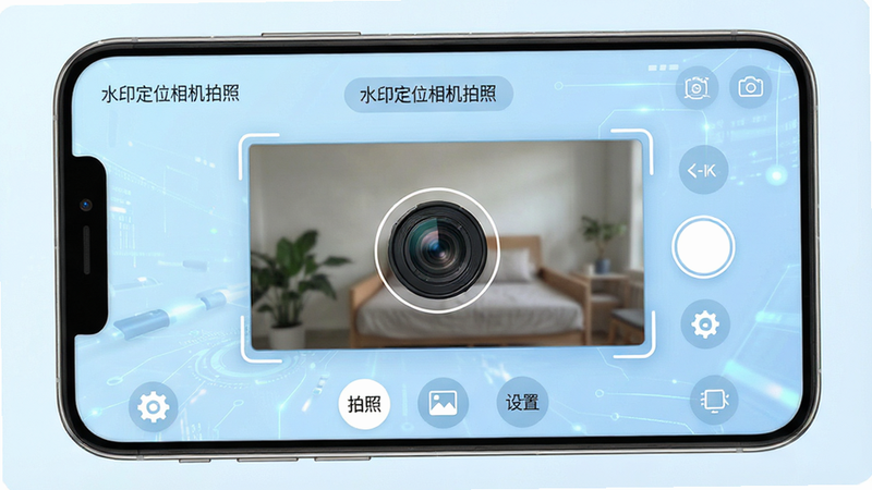 一张高清手机界面展示图,主体为“水印定位相机拍照”App的主界面,布局清晰,顶部显示应用名称,中间是取景框预览区域,底部有一排功能按钮包括“拍照”、“相册”、“设置”,背景为淡蓝色科技风,风格简约现代,细节丰富,画质4k,干净无多余元素